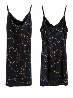 Urban Outfitters Mallory Celestial Slip Dress Navy Gold Medium Mini Fun Cowl Sun